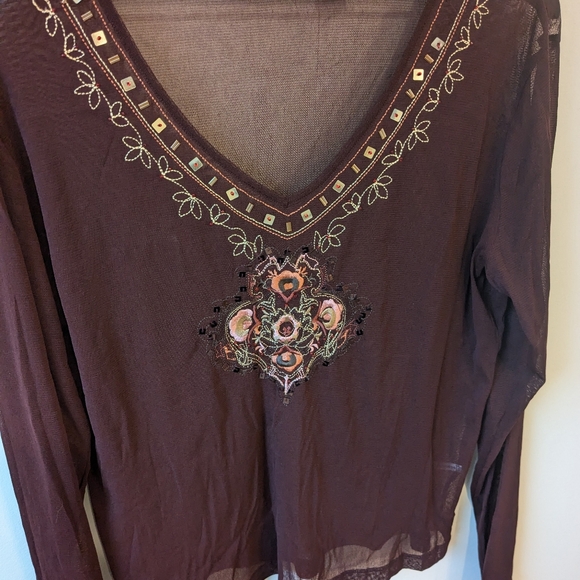 Vintage Y2K 90s New York & Co Bohemian Sheer Beaded V Neck Blouse Size Large - Picture 2 of 7